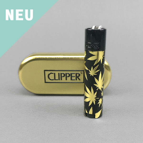 Metal Leaves Gold 12 CLIPPER® Feuerzeug mit Geschenkbox - schwarz/gold mit Hanfblatt in gold